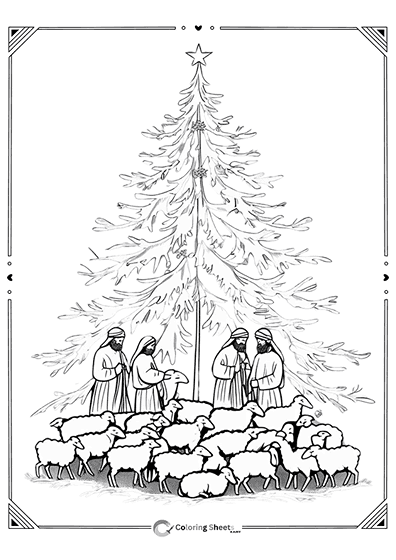 A large flock and shepherds near a tall festive tree.