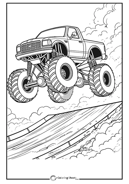 Coloring page of a monster truck jumping high above the clouds.