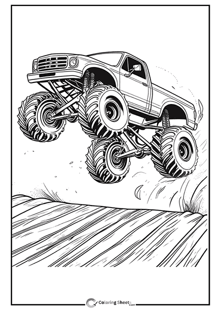 Side-view coloring page of a monster truck jumping over a hill.