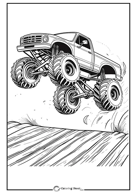 Side-view coloring page of a monster truck jumping over a hill.