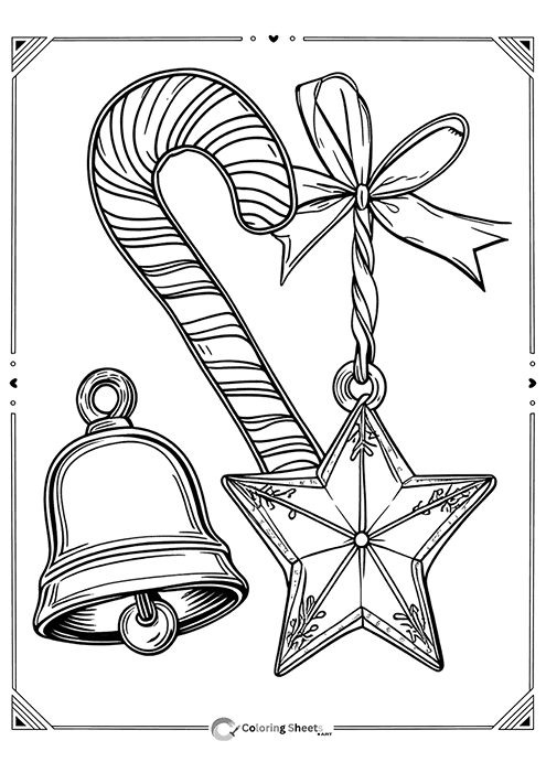 Timeless ornament trio: candy cane, bell, and star tied with a ribbon.