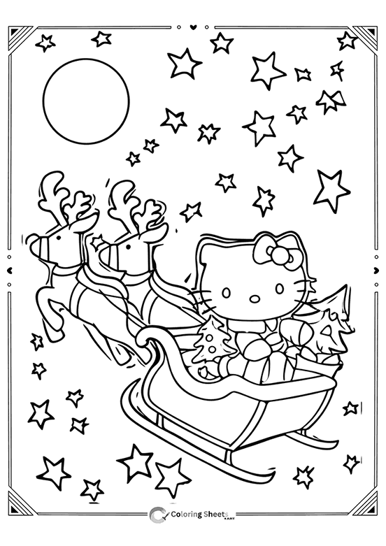 Hello Kitty flying through the night sky in a magical sleigh ride.