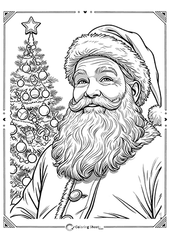 Detailed Santa Claus portrait with decorated tree – realistic and artistic Christmas coloring.