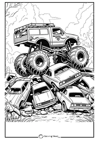 Destructive action coloring page of a monster SUV crushing a pile of cars.