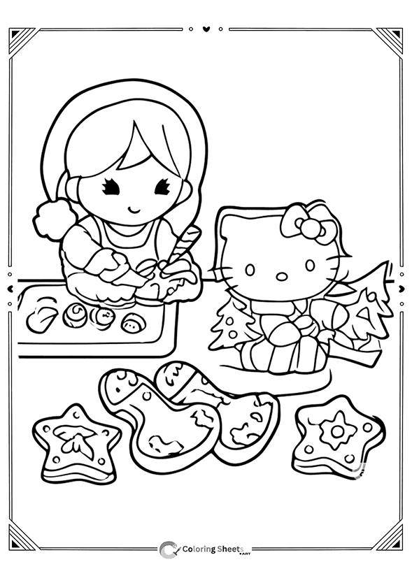 Hello Kitty and friend baking and decorating gingerbread cookies.
