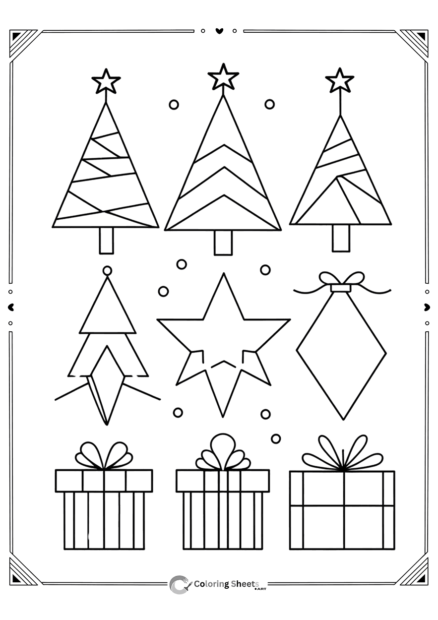 Geometric Christmas trees, stars, and presents with fun coloring patterns.