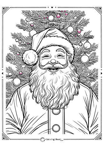 Smiling Santa with pre-colored Christmas tree – jolly scene coloring for young children.