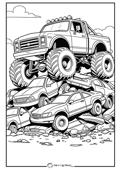 Coloring page of a monster truck parked on top of a pile of crushed cars.
