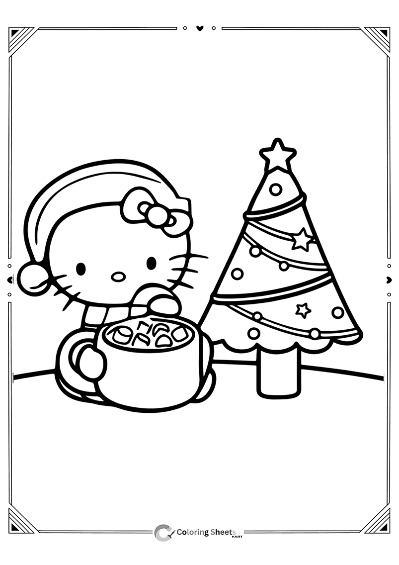 Hello Kitty enjoying hot cocoa with marshmallows near the tree.