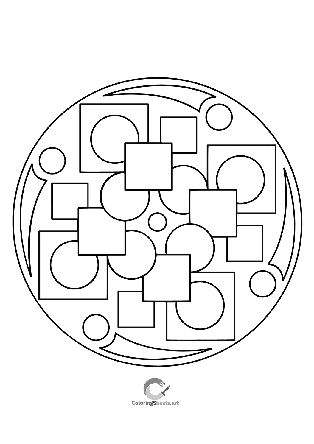 Modern mandala featuring overlapping squares and circles for creative coloring.
