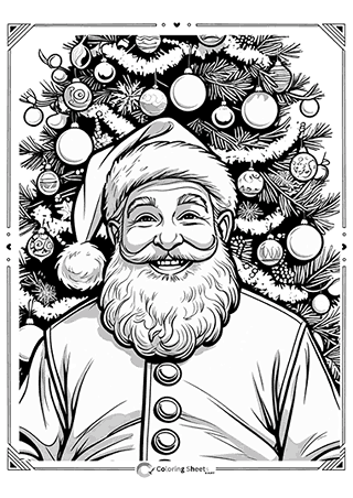 Laughing Santa in front of beautiful tree – heartwarming Christmas portrait for coloring fun.