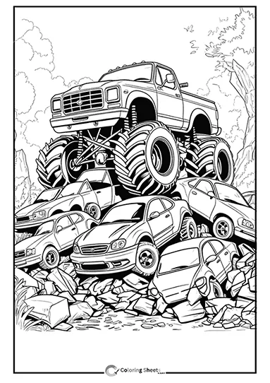 Coloring page of a classic monster truck standing on crushed cars.