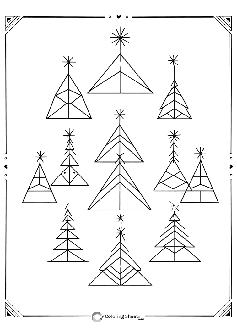 Repeating pattern of abstract geometric Christmas trees to color creatively.