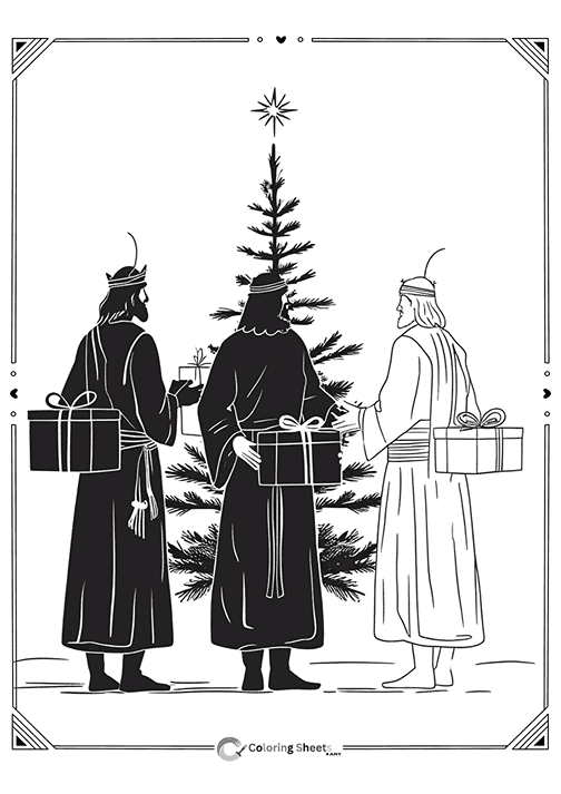 Silhouette of the Three Wise Men carrying gifts to Jesus.