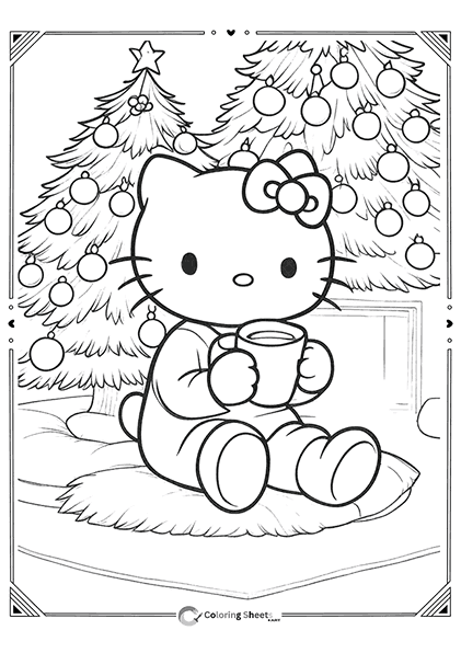 Hello Kitty enjoying a peaceful Christmas morning with a warm drink.