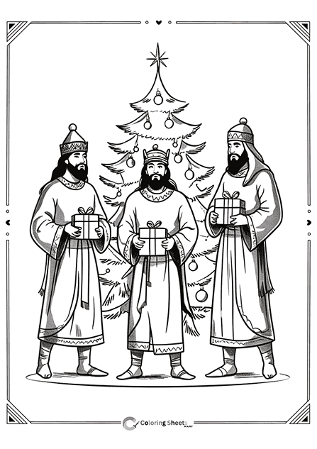 Three Kings with gifts in front of a decorated Christmas tree.
