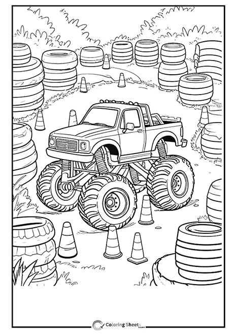 Monster Truck Tire-Maze Coloring Page for kids