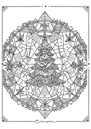 Intricate mandala with a central Christmas tree surrounded by snowflake patterns.