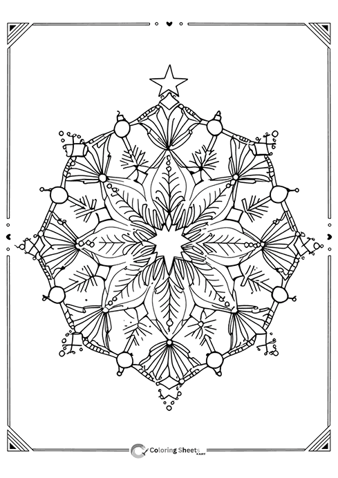 Large snowflake-shaped mandala with festive and symmetrical holiday designs.