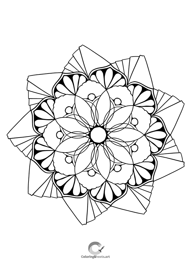 Stunning mandala with transparent petals forming a star, great for shading practice.
