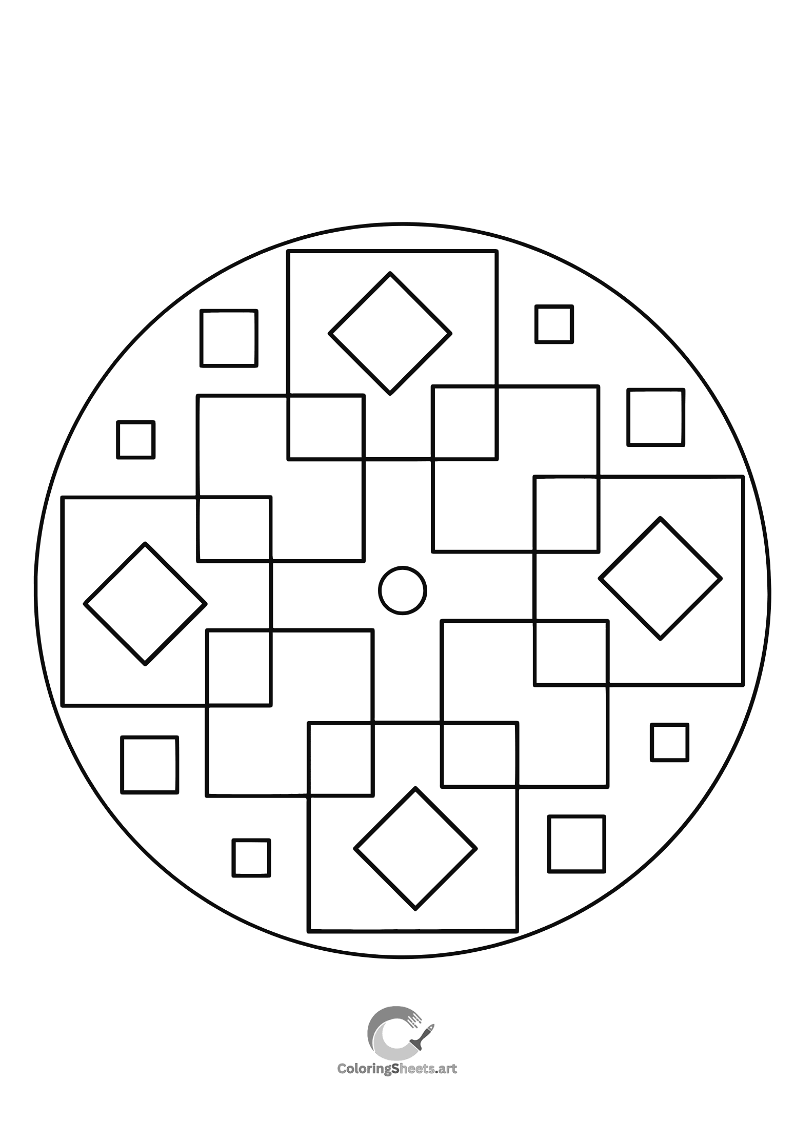 Clean, symmetrical mandala with diamonds and squares for mindful coloring.