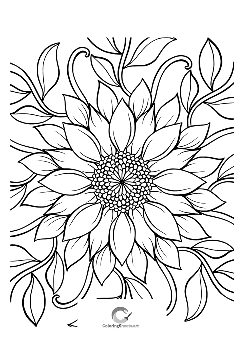Floral mandala featuring a sunflower with elegant leaves and vines.