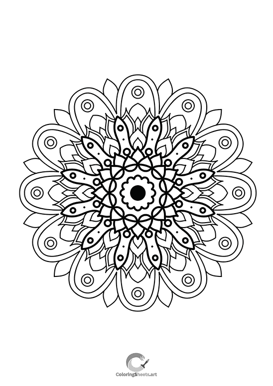 A beautiful coloring page of a flower mandala in full bloom with lush, rounded petals.