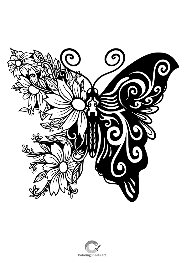 A beautiful floral wreath coloring page for adults, filled with various cheerful flowers.