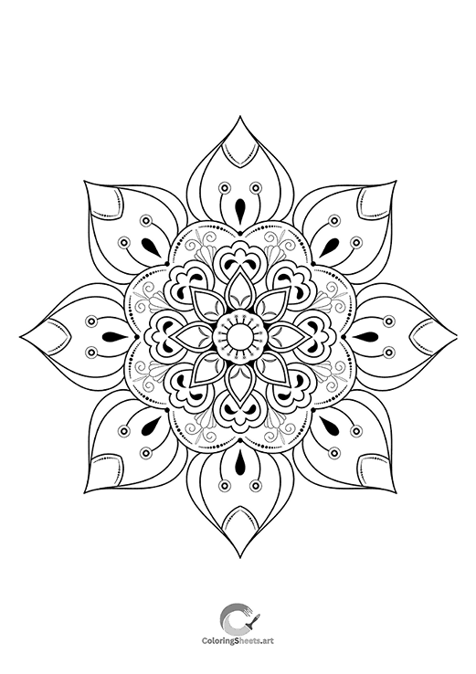 A charming and simple looped flower mandala coloring sheet for easy coloring.