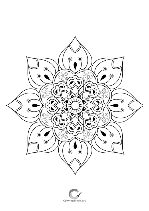 A charming and simple looped flower mandala coloring sheet for easy coloring.