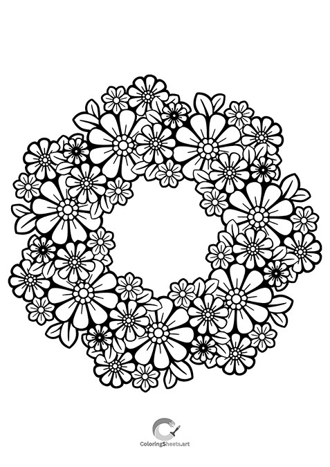 An intricate mandala coloring page with spiky, layered petals and hidden hearts.