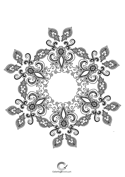 A cheerful mandala coloring page with a sun at its center surrounded by pointed petals.
