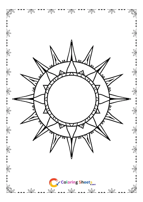 Sun shaped mandala coloring page with radiant symmetrical pattern for creative mindfulness coloring