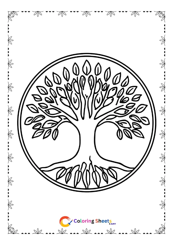 Tree branches and leaves mandala coloring page with natural symmetrical design for relaxing printable art