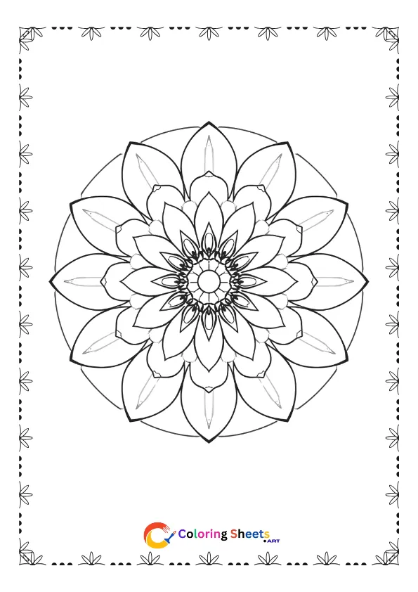 Large flower petals mandala coloring page for beginners with symmetrical floral pattern for stress relief and mindfulness coloring