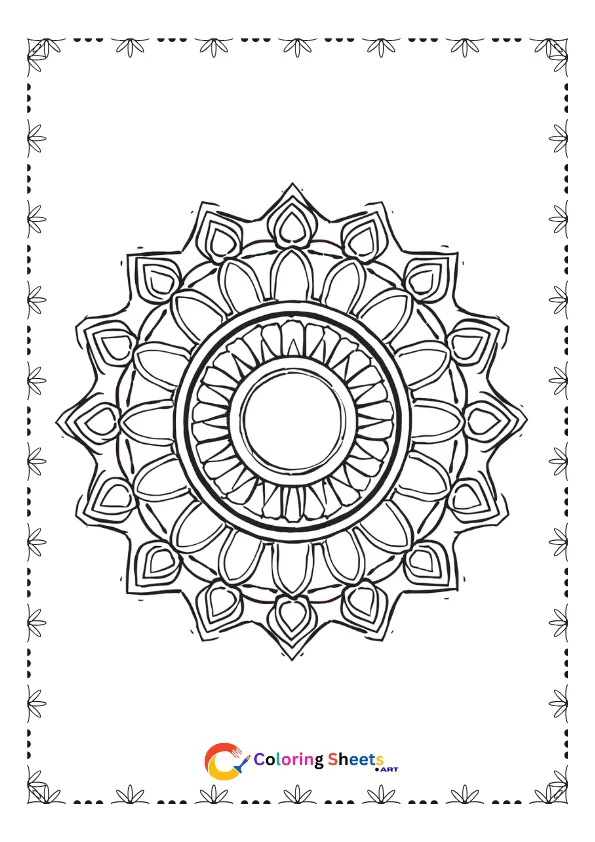 Traditional circular mandala coloring page with balanced geometric symmetry for relaxing printable coloring sheet