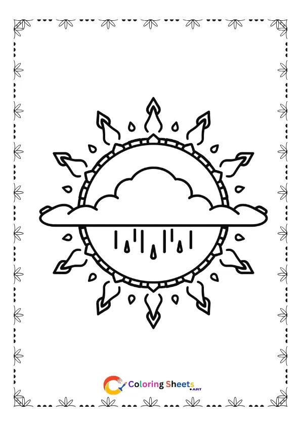 Printable clouds and raindrops mandala coloring page designed for relaxing mindfulness practice and creative stress relief for kids and adults