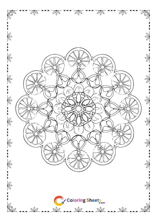 Lemon slices mandala coloring page with repeating circular fruit design perfect for summer themed relaxing coloring activity