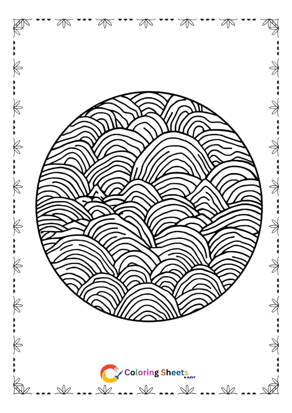 Wave pattern mandala coloring page with flowing symmetrical lines for calming creative coloring time