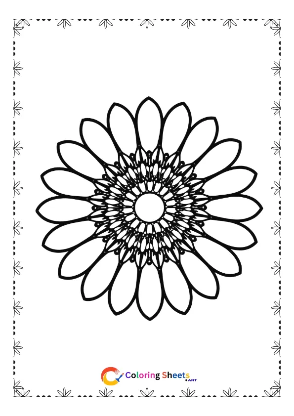 Simple daisy flower mandala coloring page for beginners with easy symmetrical floral pattern