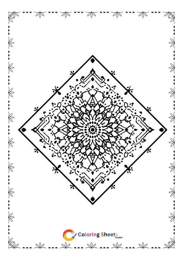 Diamond pattern mandala coloring page with symmetrical geometric shapes for creative relaxation