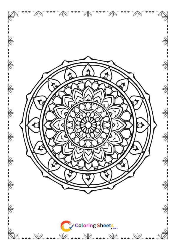 Geometric mandala coloring page with circles and triangles pattern for stress relief and focus building activity