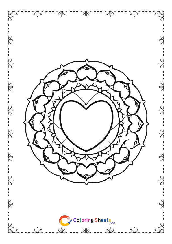 Concentric hearts mandala coloring page printable for Valentine themed and relaxing mindfulness coloring