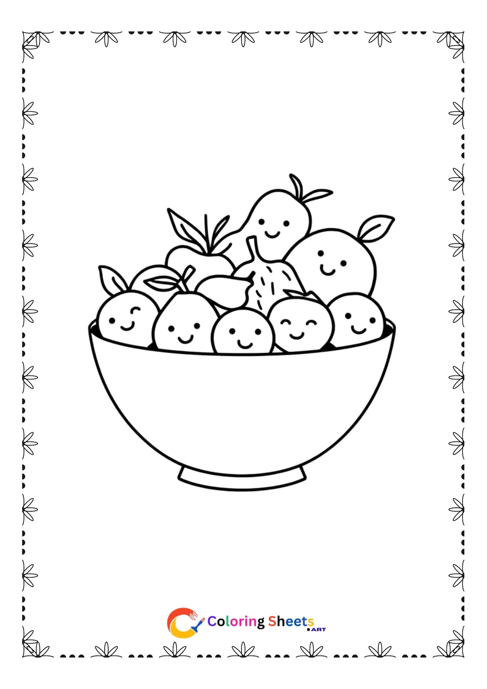 25+ Free Cute Kawaii Dessert Coloring Pages (Printable PDF) Happy kawaii fruit salad bowl coloring page with cute smiling fruits for children