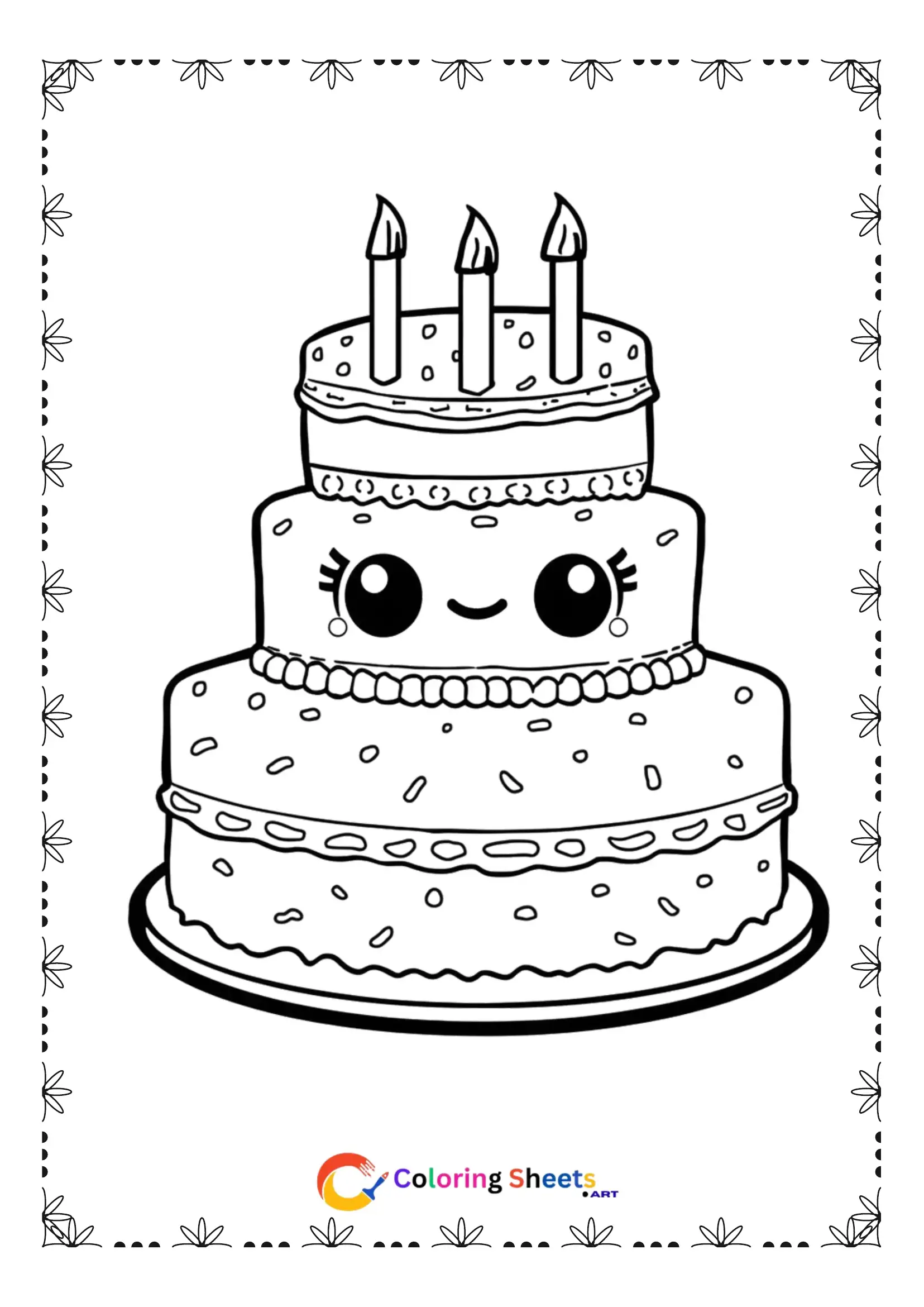 25+ Free Cute Kawaii Dessert Coloring Pages (Printable PDF) Cute kawaii layered birthday cake coloring page with sprinkles and smiling face for kids