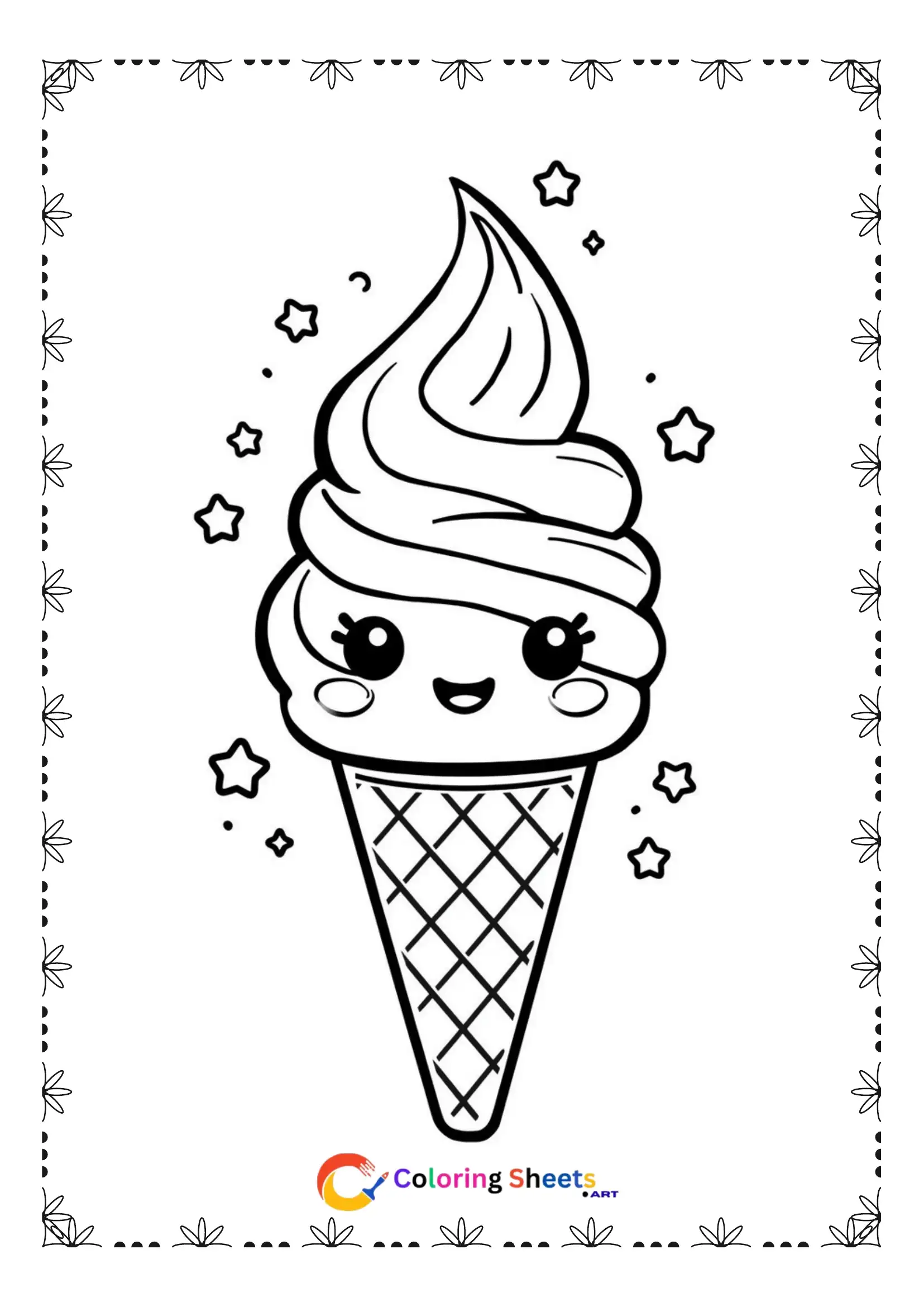 25+ Free Cute Kawaii Dessert Coloring Pages (Printable PDF) Smiling kawaii soft serve ice cream cone coloring page with stars
