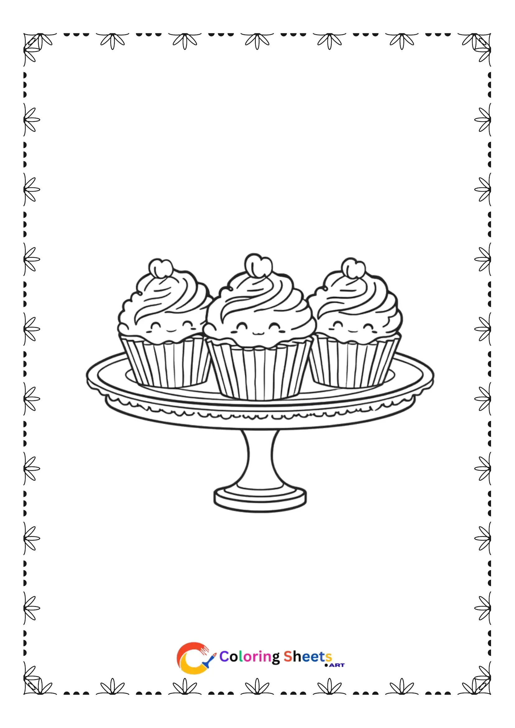 25+ Free Cute Kawaii Dessert Coloring Pages (Printable PDF) Three cute kawaii mini cupcakes on tray coloring page printable