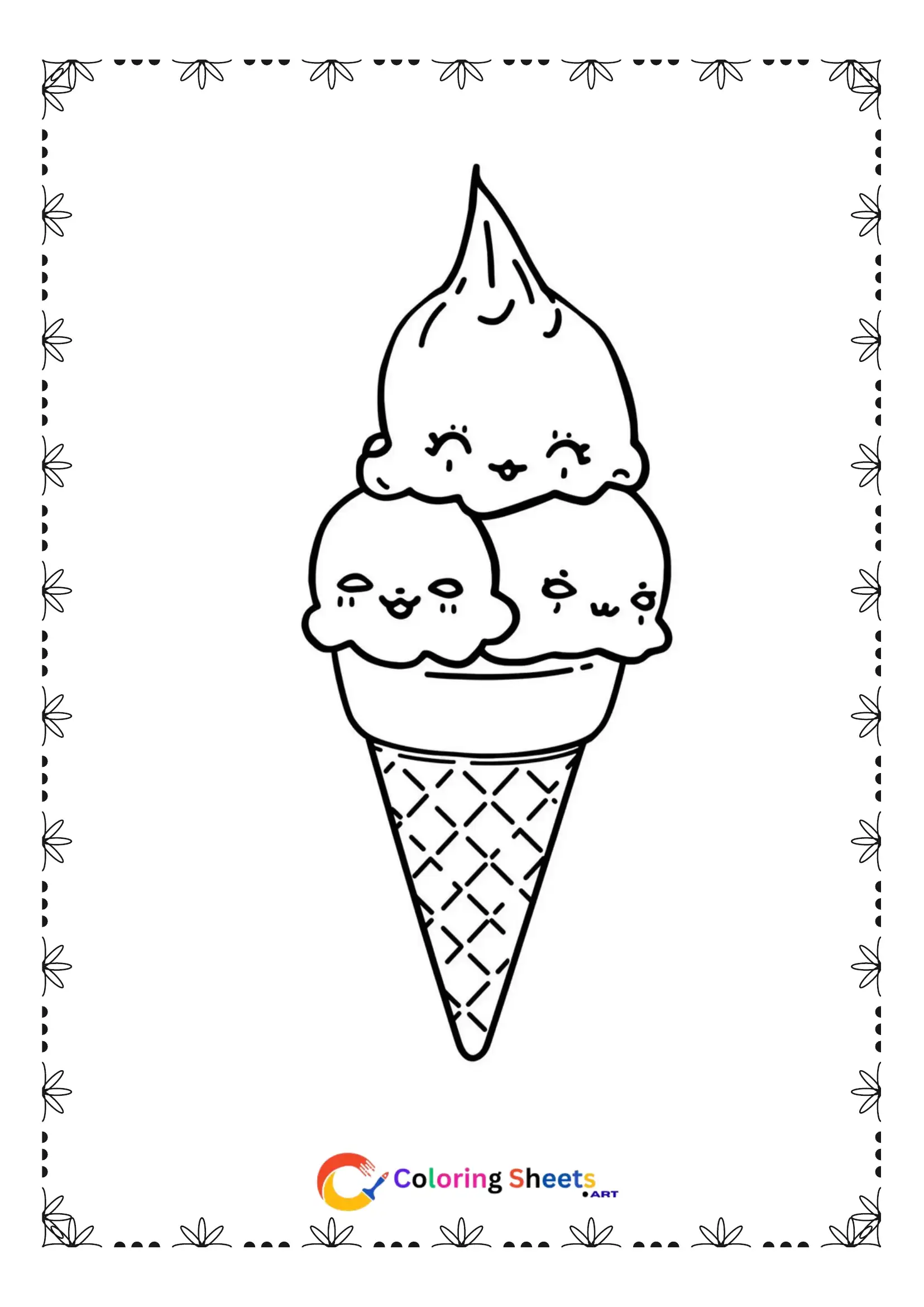 25+ Free Cute Kawaii Dessert Coloring Pages (Printable PDF) Three scoops of kawaii ice cream on waffle cone coloring page