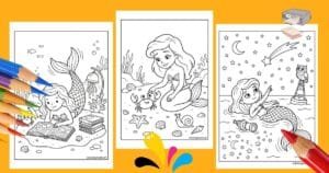 A collage of cute mermaid coloring pages for kids, including a mermaid reading, petting a crab, and watching shooting stars, free printable PDF