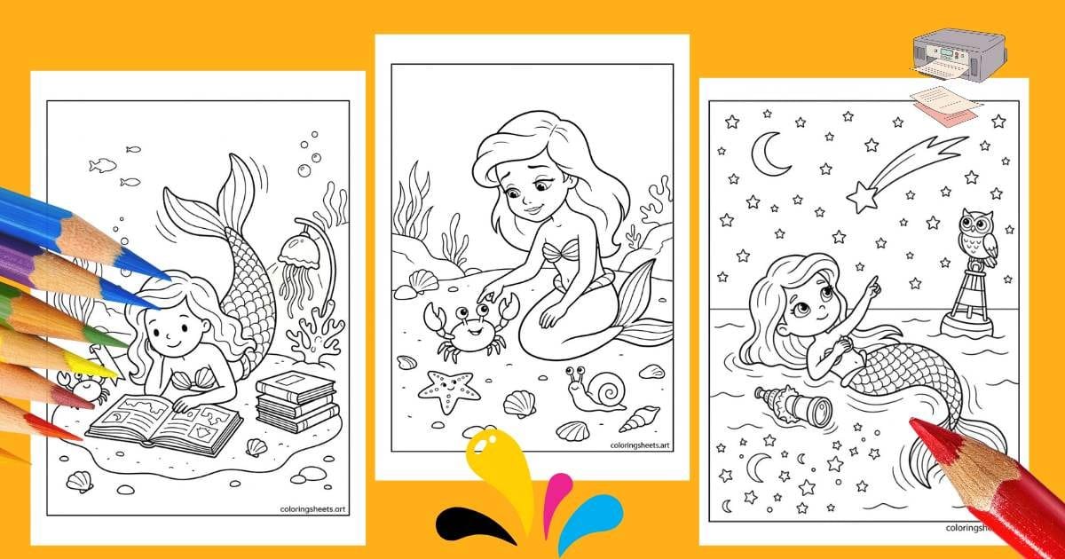 A collage of cute mermaid coloring pages for kids, including a mermaid reading, petting a crab, and watching shooting stars, free printable PDF